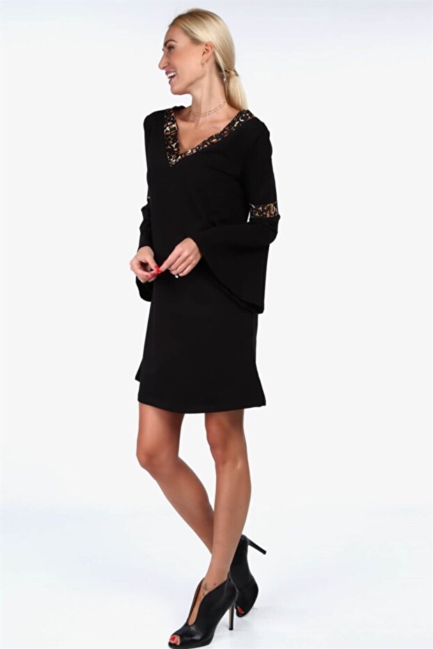 Ispanyol Kol Baskılı Şeritli Midi Elbise - 3