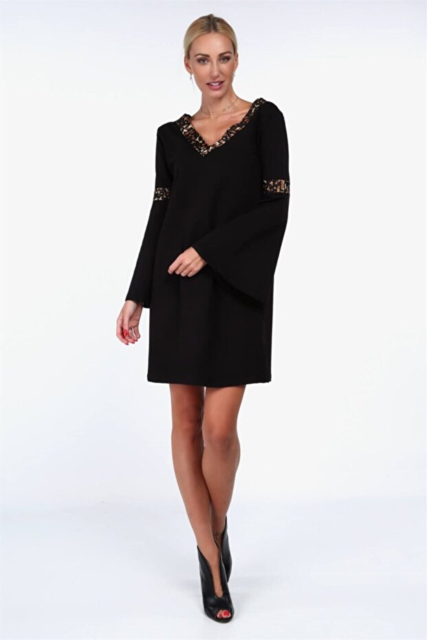 Ispanyol Kol Baskılı Şeritli Midi Elbise - 6