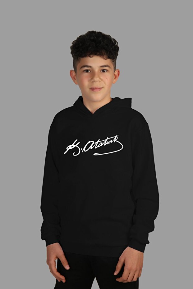 Children's Black Hooded Sweatshirt K. Atatürk Signature Digital Printed Two Threads with Ribbed Inside
