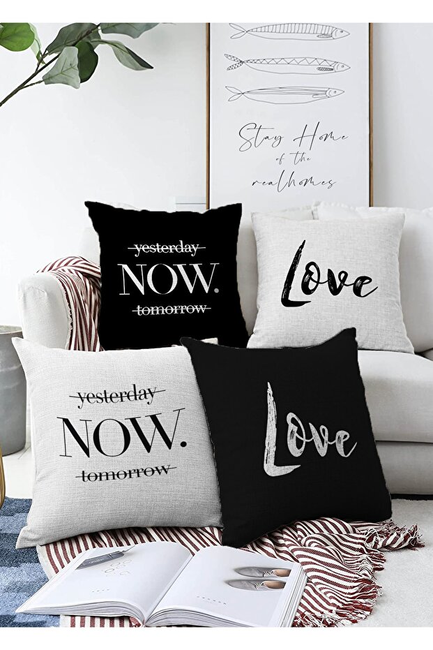 Double Sided Yesterday Now Tomorrow & Love Combination 4-Piece Raschel Knitted Throw Pillow Cover Set