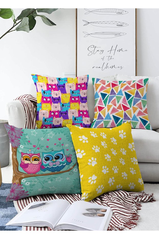 Double Sided Colorful Children's Patterned Decorative 4-Piece Modern Raschel Pillow Throw Pillow Cover Set