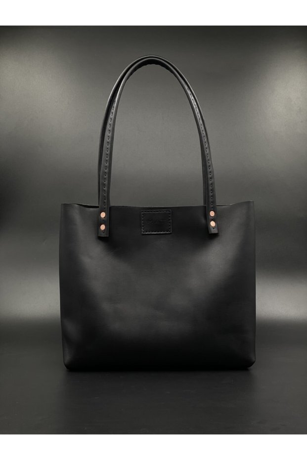 Women's Black Genuine Leather Handmade Shopping Bag