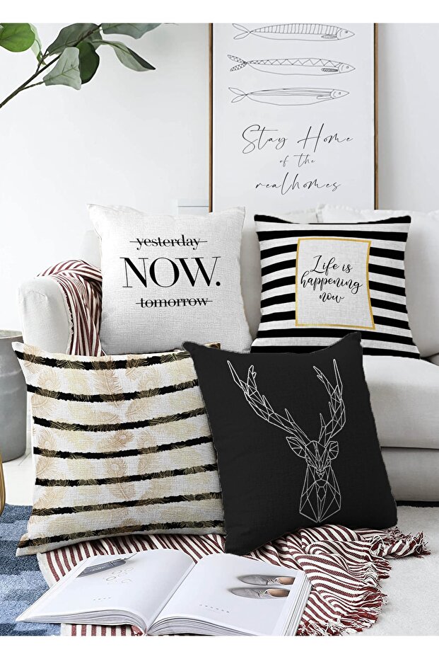 Double Sided Gold Written Black and White Background 4-Piece Decorative Raschel Knitted Pillowcase Set
