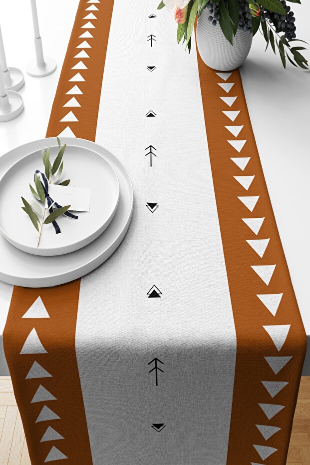 Brown White Background Ethnic Figured Bohemian Patterned Digital Printed Modern Suede Runner