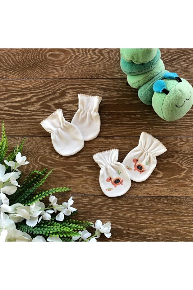 Organic Cotton Set of 2 Combed Cotton Baby Gloves Red Dino