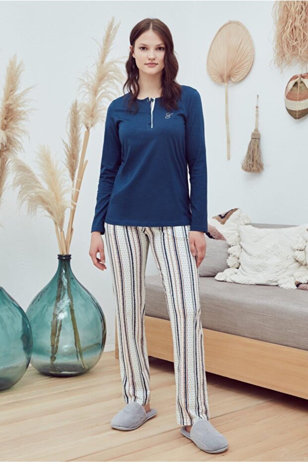 Esk29512 Women's Six-Line Patterned Wide Leg Pajama Set
