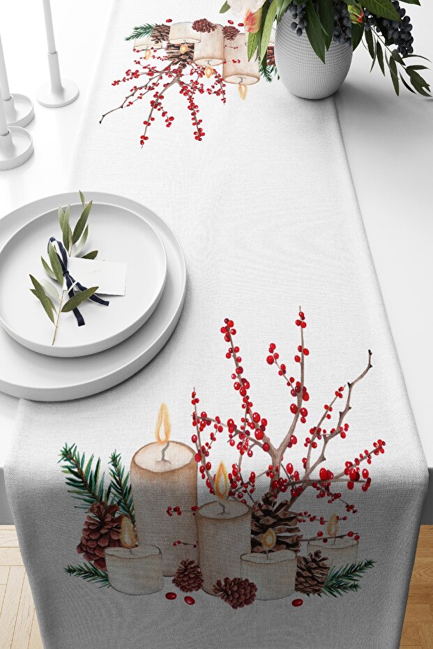 Christmas Themed Digital Printed Decorative Suede Runner with Candle & Cone Design