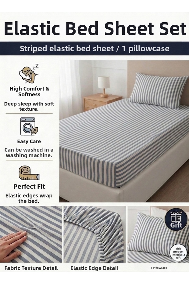 100X200Cm Striped Single Cotton Fitted Sheet (Pillowcase 50X70Cm with Gift)