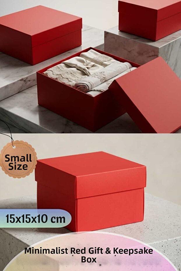 مجموعة هدايا مينيمال وصندوق هدايا (صندوق كرتوني بغطاء) قطعة واحدة (15x15x10 سم) أحمر