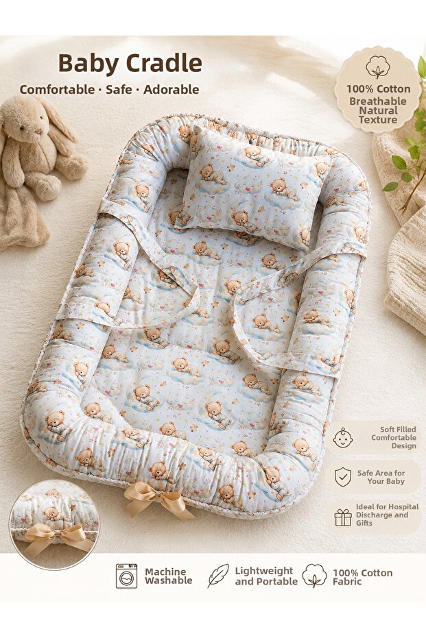Teddy Bear Patterned Baby Nest Babynest 100% Cotton Washable Baby Nest