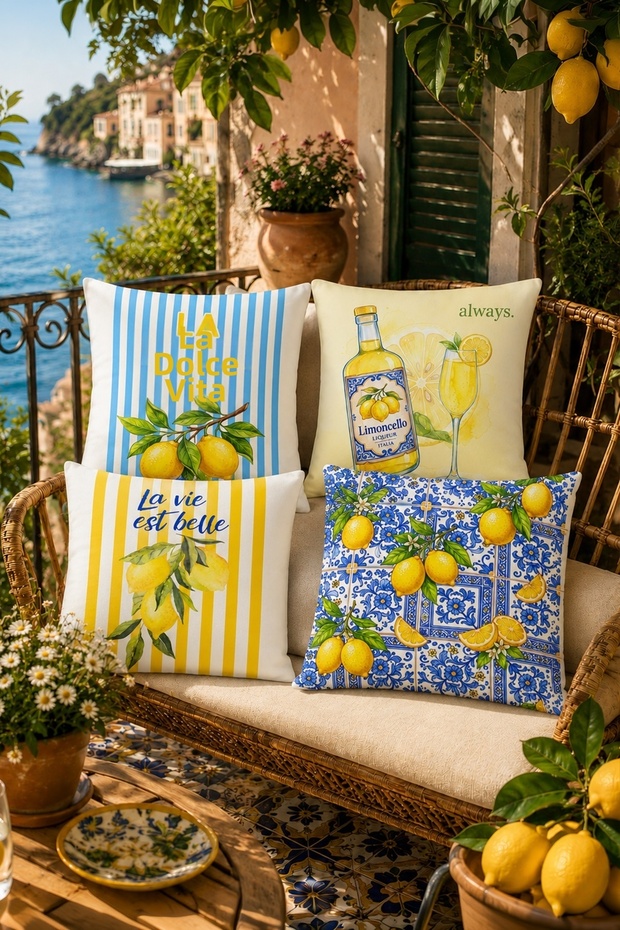 Lemon Themed Patterned 4-Piece Throw Pillow Cover Set