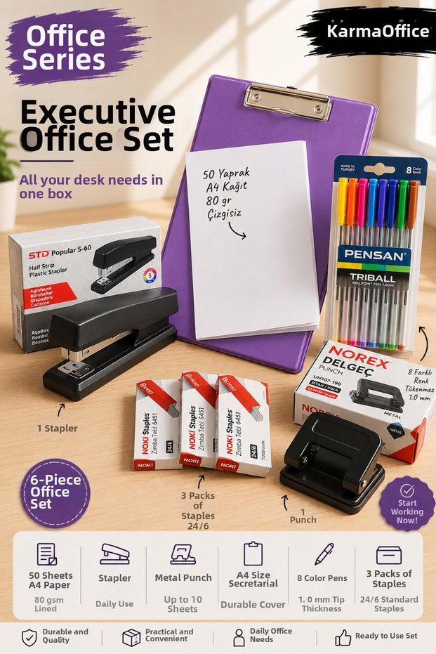 Office Series Executive Office Set |   Lila A4 Secretarial Set, 50 A4 Sheets of Paper, Stapler, Hole Punch, 8 Color Pens and 3 Packs of Staple Wire