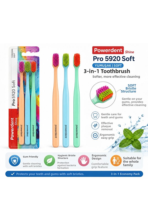 🦷   Gum-Friendly • Soft Bristle 3-Pack Toothbrush