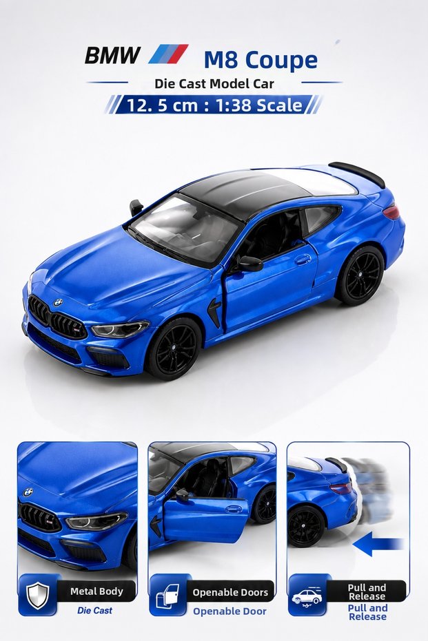 Die Cast Bmw M8 Competition Coupe Model Car 12.5cm – 1:38 Scale Metal Body Pull-Open Door Pull-Back Car