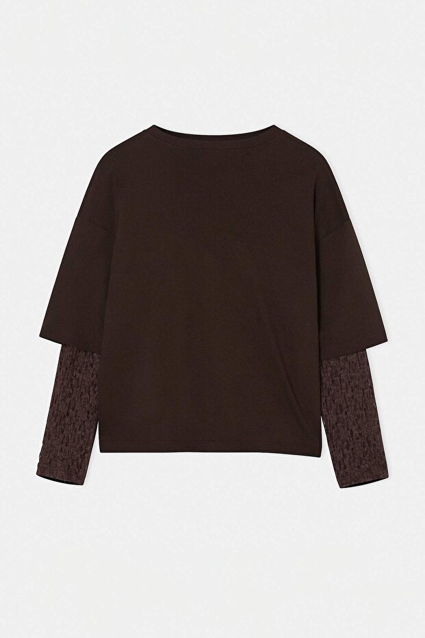 Kahverengi Dantel Kol Detaylı Büyük Beden T-shirt TBBSS26BF00048 - 6