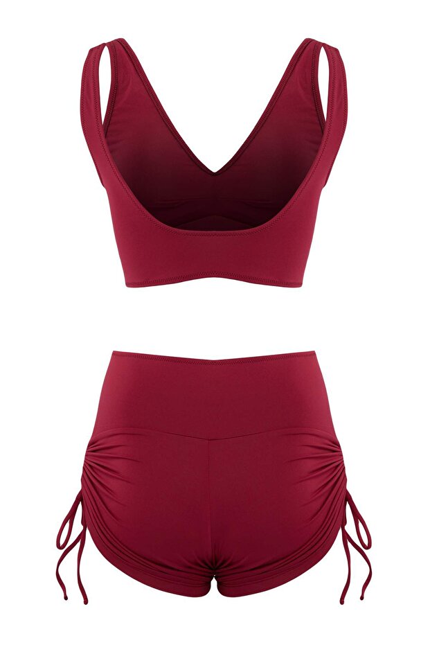 Bordo Tünelli Bralette Kaplı Bağlama Detaylı Şort Bikini Takımı TBESS26BT00007 - 6