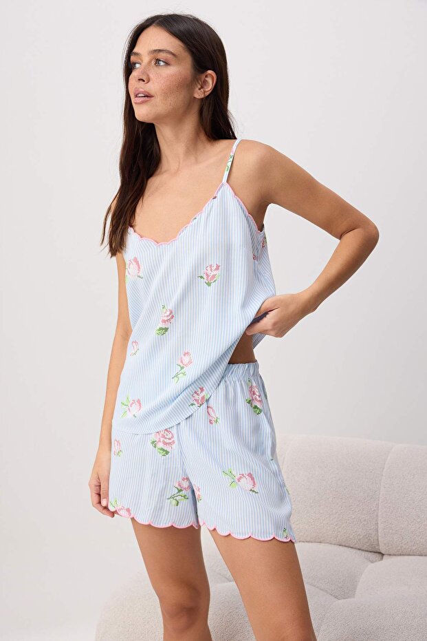 Trendyolmilla  Mavi Çiçekli Biye Detaylı Viskon Dokuma Pijama Takımı THMSS26PT00207 - Görsel 3