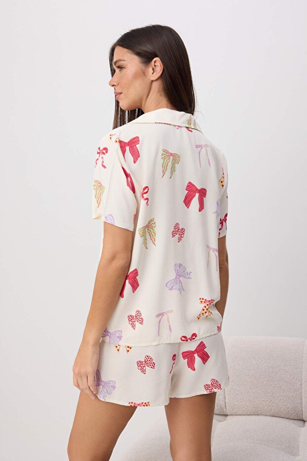 Çok Renkli Kurdele/Fiyonk Desenli Viskon Dokuma Pijama Takımı THMSS26PT00215 - 4