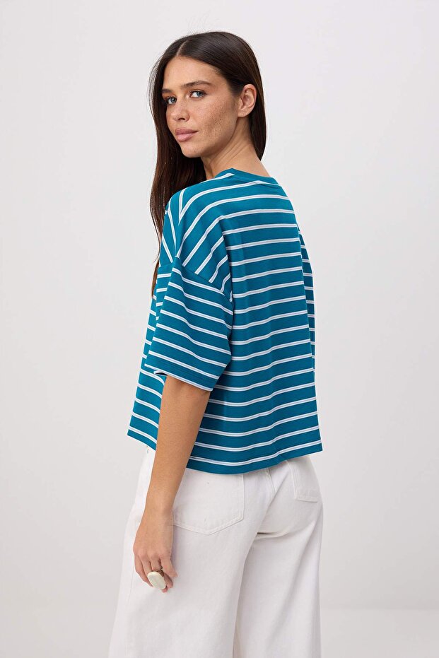 Petrol Çizgili Boxy/Relaxed Kalıp Kısa Kollu Pamuk Karışımlı Örme T-Shirt TWOSS26TS00048 - 4