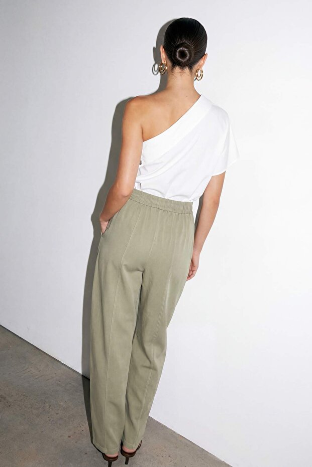 Haki Beli Lastikli Barrel Gabardin Pantolon TDRSS26PL00013 - 4