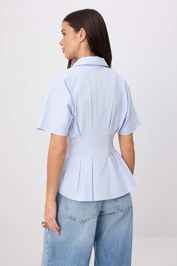Açık Mavi Pile Detaylı Bele Oturan Lycralı Poplin Pamuklu Gömlek TWOSS26GO00158 - 4