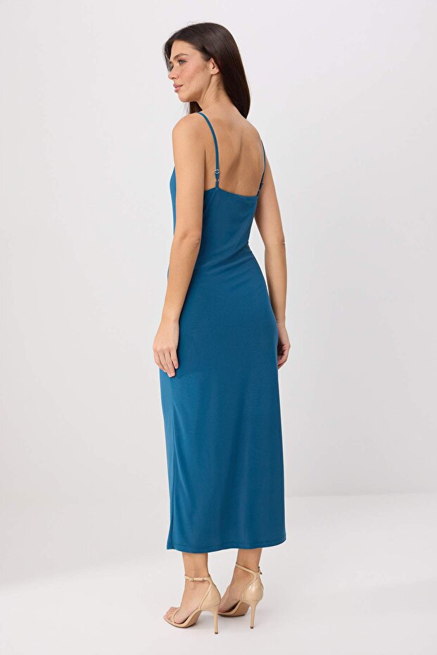 Petrol Düz Bodycon/Vücuda Oturan İnce Askılı Maxi Örme Elbise TWOSS26EL00732 - 4