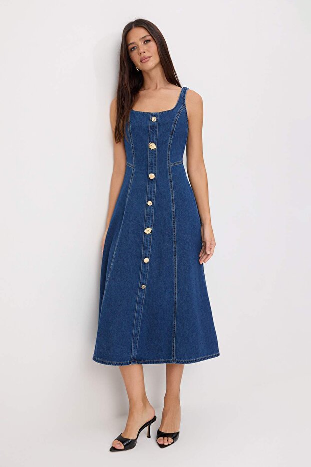 Lacivert Düğme Detaylı Askılı Maxi Denim Elbise TWOSS26EL00952 - 2