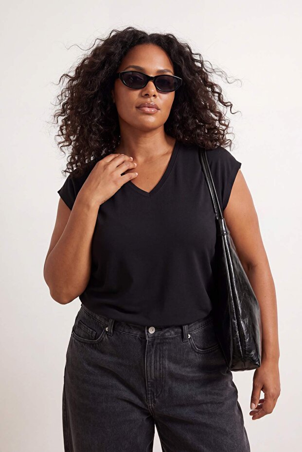 Siyah-Gri 2'li Paket Oversize Fit Basic Büyük Beden T-shirt TBBSS26BF00030 - 6