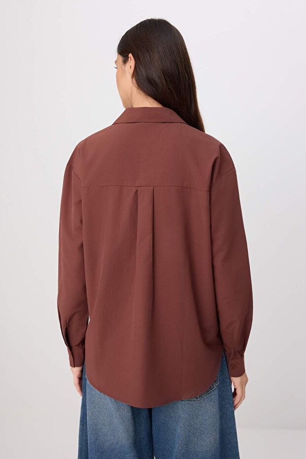 Kahverengi Loose Fit Pamuklu Dokuma Gömlek TWOAW20GO0107 - 4