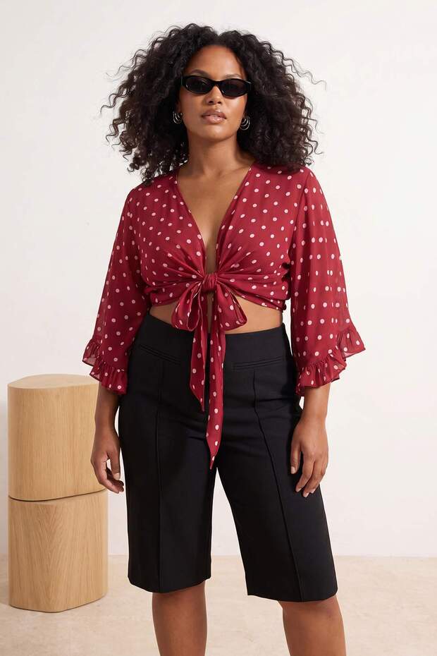 Beachwear Cherry Polka Dot Patterned Crop Sleeve Ruffle Flounce Double Breasted Collar Blouse Tbbss24Af00071