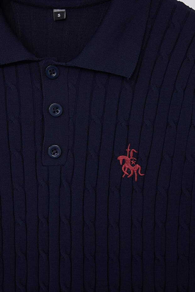Lacivert Regular/Normal Kesim Nakışlı Dokulu Triko Polo Yaka T-shirt TMNAW27PO00004 - 5