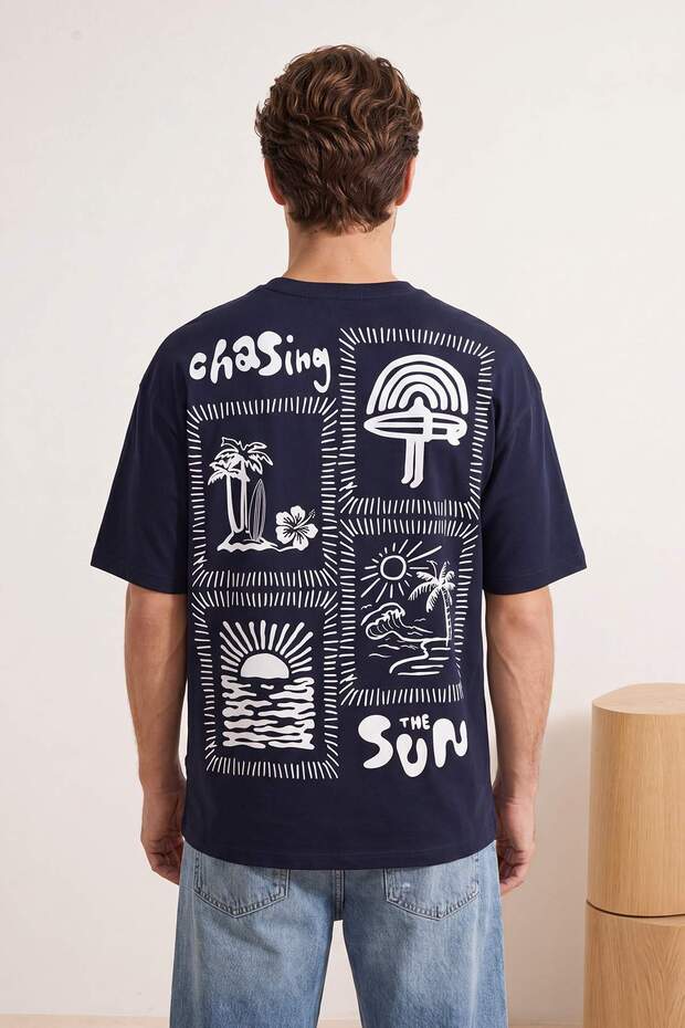 Lacivert Unisex Oversize/Geniş Kesim Baskılı %100 Pamuk T-Shirt TMNSS25TS00031 - 4