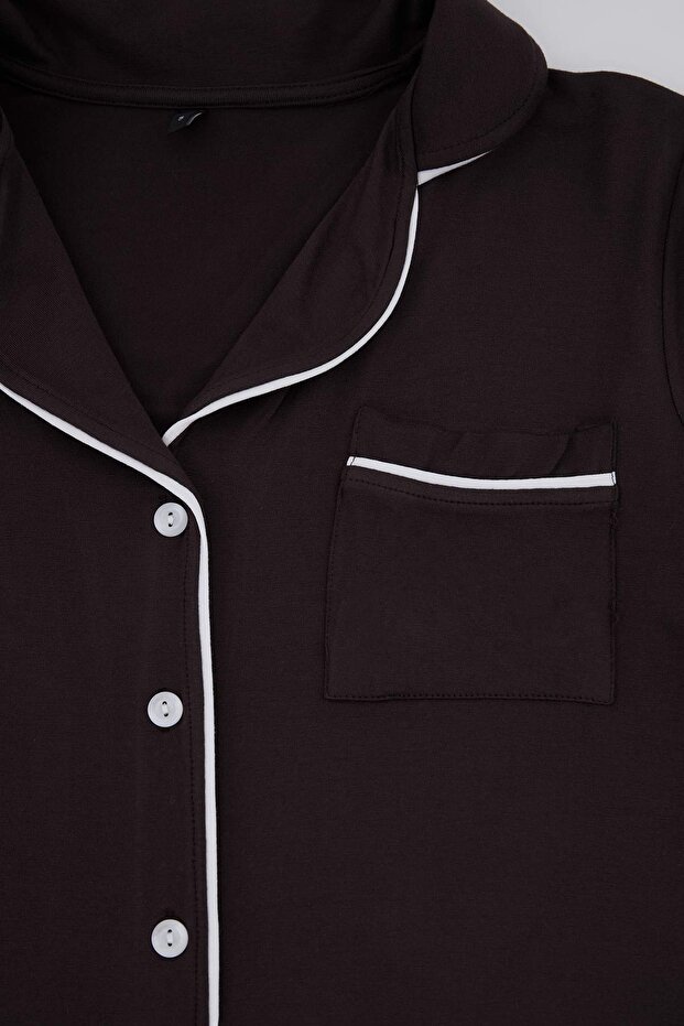 Kahverengi Biyeli Cep Detaylı Viskon Örme Pijama Takımı THMSS26PT00047 - 3