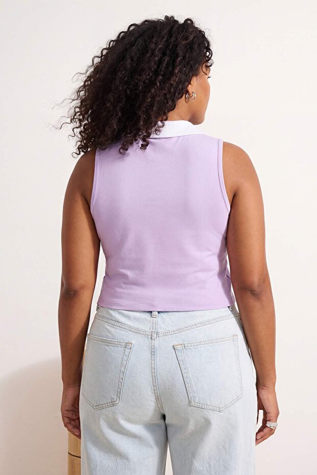 Lila Polo Yaka Dalgıç/Scuba Crop Örme Büyük Beden Spor Üst/Bluz TBBSS26AF00255 - 3