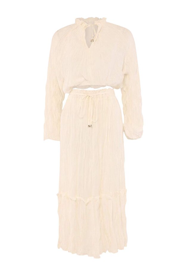 Beyaz Dokuma Maxi 100% Pamuk Plaj Bluz Pantolon Takım TBESS26AU00101 - 1