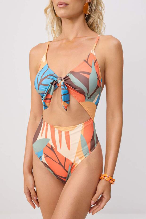 Tropikal Desenli V Yaka Cut Out Detaylı Regular Mayo TBESS22MA0097 - 3