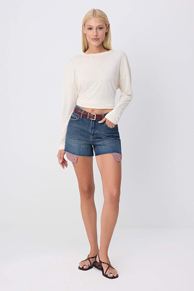 Dark Blue Plaid Pocket Detailed Mini Denim Shorts Twoss26Sr00293