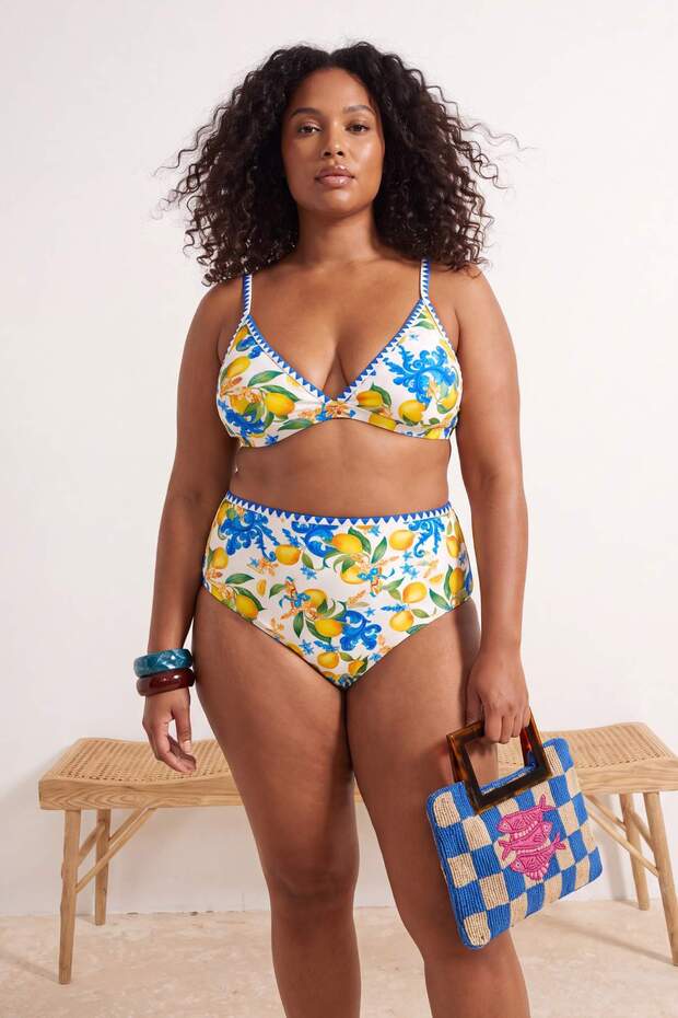 Çiçek & Limon Desenli Nakışlı Üçgen Yüksek Bel Bikini Takımı TBBSS26CB00011
