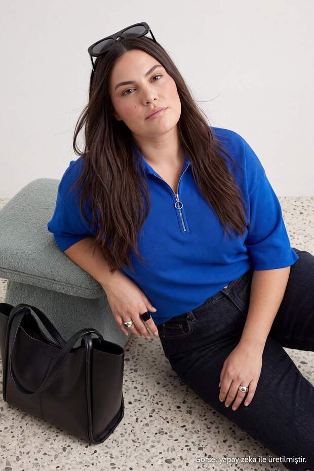 Saks Polo Yaka Fermuar Detaylı Triko Kazak TBBAW23AN00056