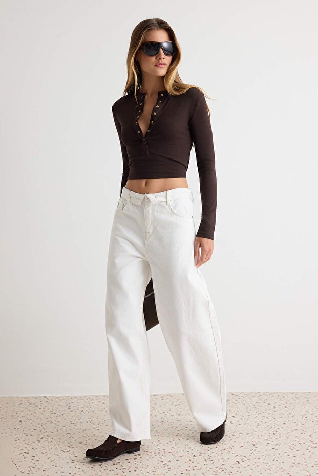 Beyaz %100 Pamuk Bel Detaylı Düşük Bel Wide Leg Jeans TWOAW27JE00056