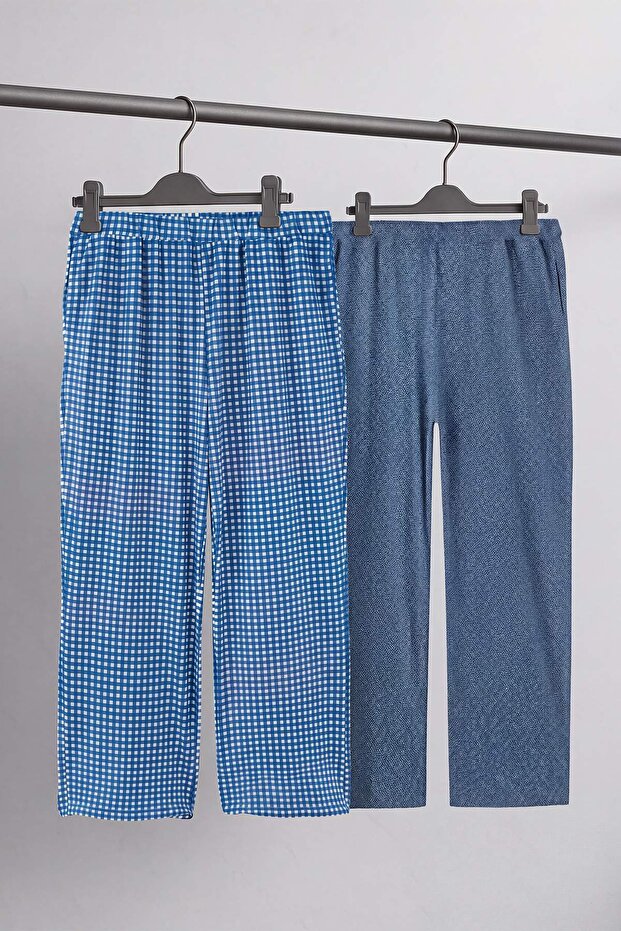 Lacivert Kareli/Puantiyeli 2'li Paket Örme Büyük Beden Pijama Altı TBBAW27IA00004 - 4