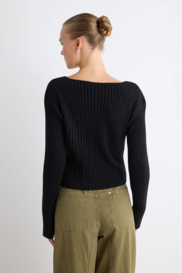 Siyah Crop Basic V Yaka Triko Kazak TWOAW24KZ01214 - 4