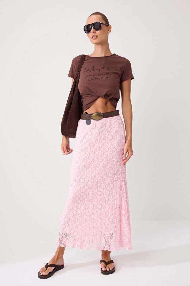 Pembe A Line Astarlı Dantel Maxi Esnek Örme Etek TWOSS25ET00149
