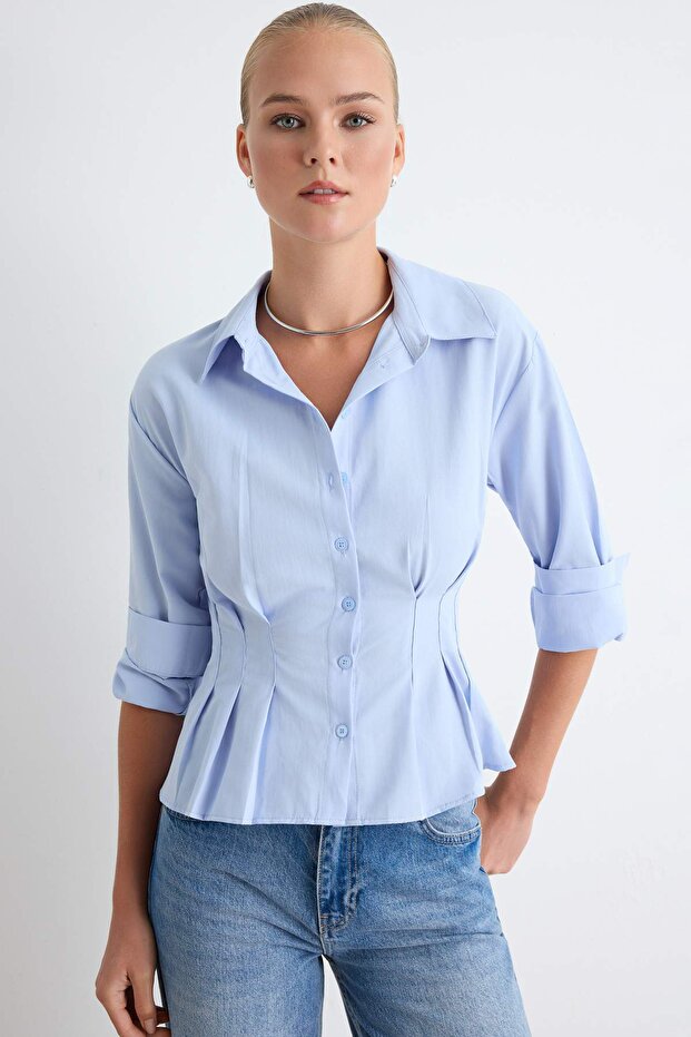 Açık Mavi Fitted/Bele Oturan Dokuma Gömlek TWOAW24GO00186 - 1