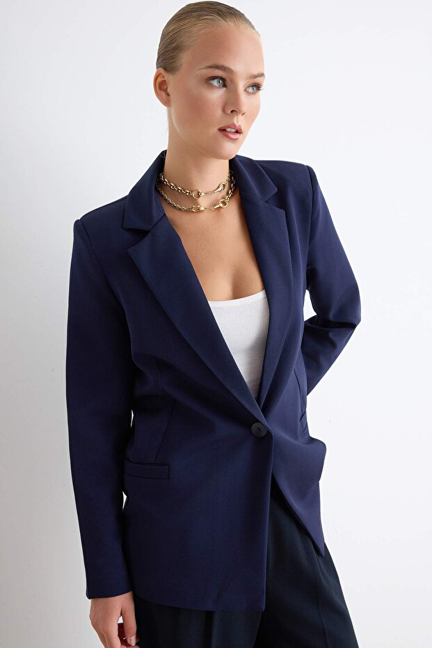 Lacivert Regular Gri Geometrik Desenli Astarlı Tek Düğmeli Cepli Dokuma Blazer Ceket TWOAW20CE0316 - 3