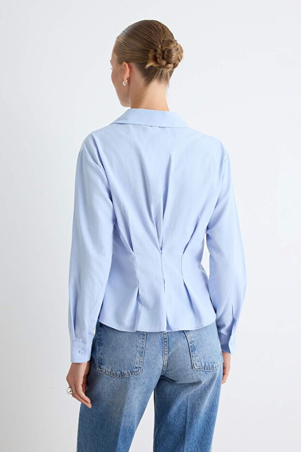 Açık Mavi Fitted/Bele Oturan Dokuma Gömlek TWOAW24GO00186 - 4