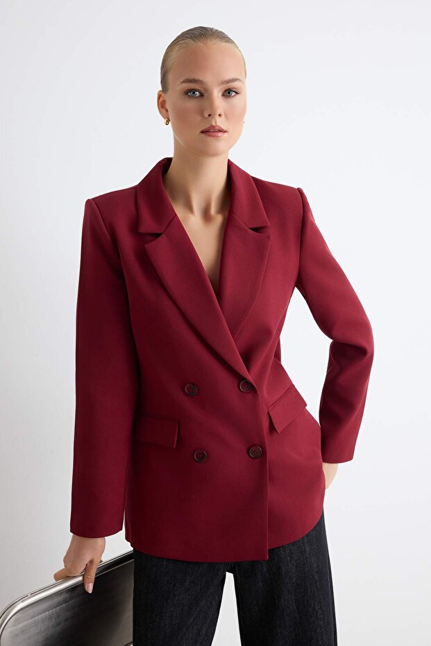 Bordo Regular Astarlı Kruvaze Kapama Dokuma Blazer Ceket TWOAW21CE0264 - 1