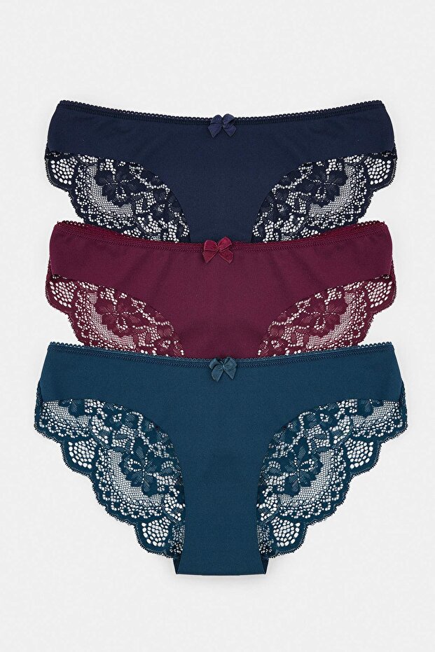 Lacivert-Çok Renkli 3'lü Micro Dantel ve Kurdele/Fiyonk Detaylı Örme Brazilian Külot THMAW26KU00003