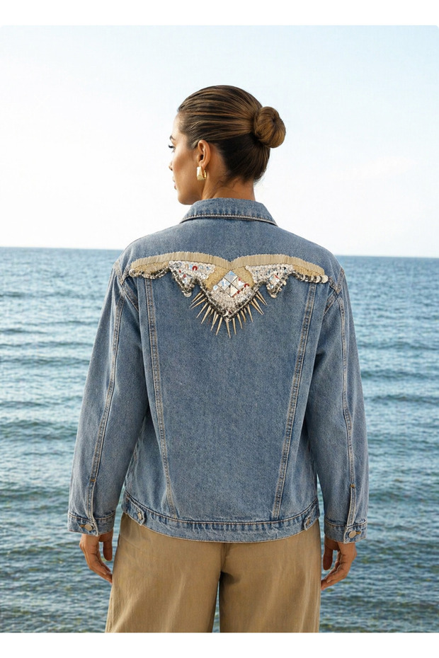 Silver Wing Embroidered Light Color Jean Jacket