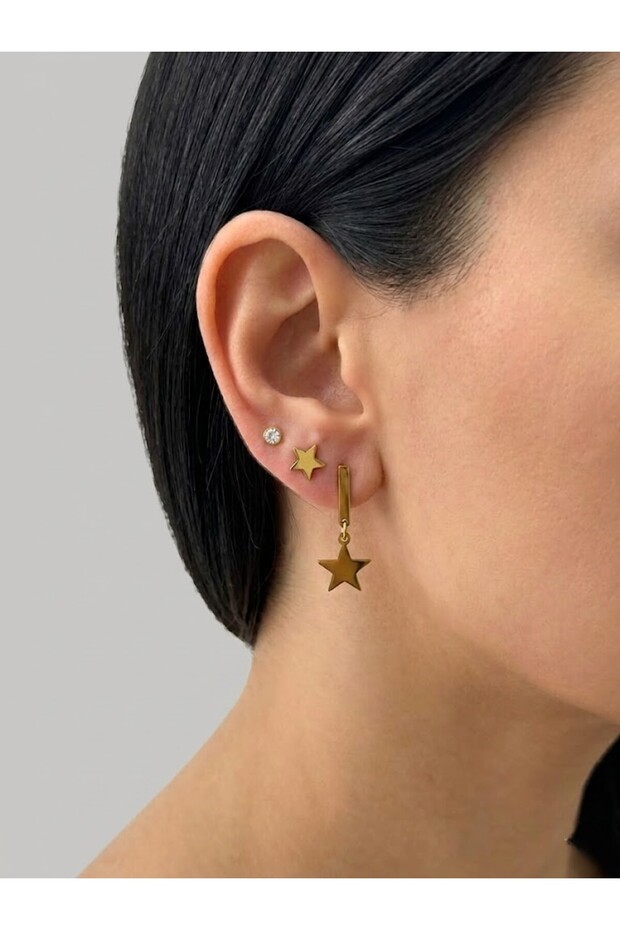 Steel Gold Star Single Stone Multiple Earrings